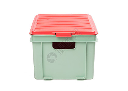 绿色塑料箱 用剪片虫子白色隔离塑料红色车厢盒子塑料盒输送带商业收藏剪裁垃圾桶背景图片