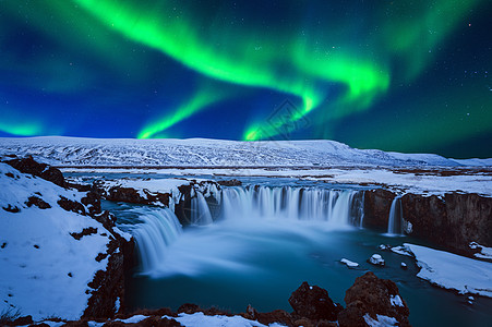 北光 奥罗拉波萨利斯 在冰岛的哥达福斯瀑布瀑布冒险旅行摄影北极星蓝色极光地标岩石力量图片