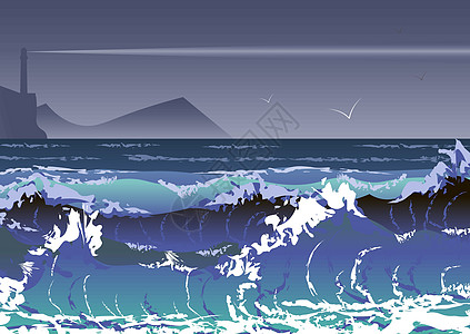插图与海风暴和灯塔 海浪和风雨如磐的 sk图片