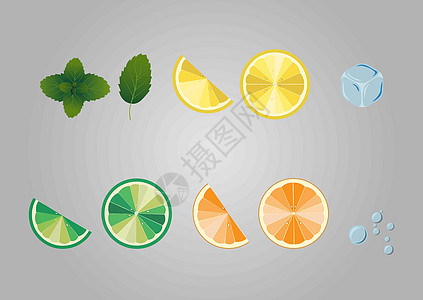 柑橘类水果套装 柠檬橙酸橙冰块气泡和薄荷叶片 矢量元素图片