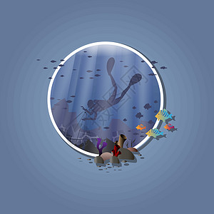 白色框架蓝海背景上的潜水员 珊瑚礁和水下洞穴的轮廓 矢量图图片
