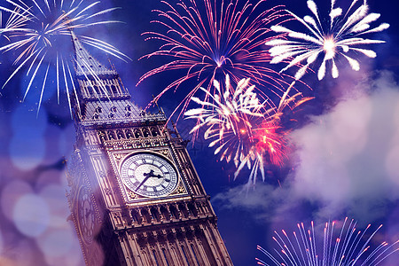 大笨钟上空的烟花英国伦敦的新年庆祝活动历史性建筑学人群焰火展示建筑庆典照明首都省会背景图片
