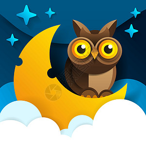 可爱的卡通漫画猫头鹰坐在睡梦中的新月月上图片