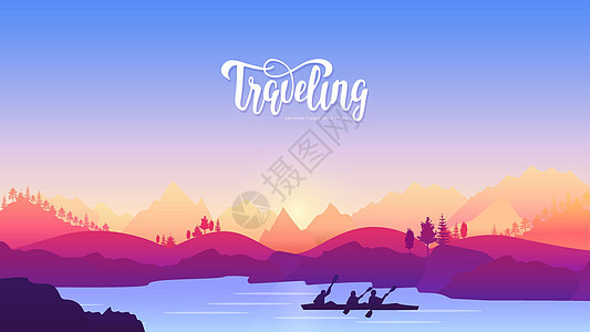 旅行中使用皮划艇插图 旅行积极的运动冒险概念设计 热爱运动背景的人的自然生活方式背景图片