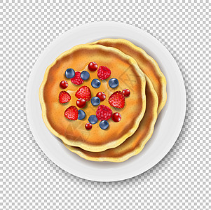 板与煎饼隔离透明背景文化蛋糕水果烹饪折叠甜点轧制糖浆浆果早餐图片