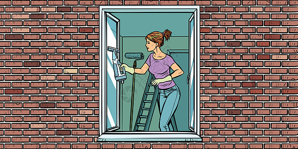 女人洗窗户家庭清洁图片