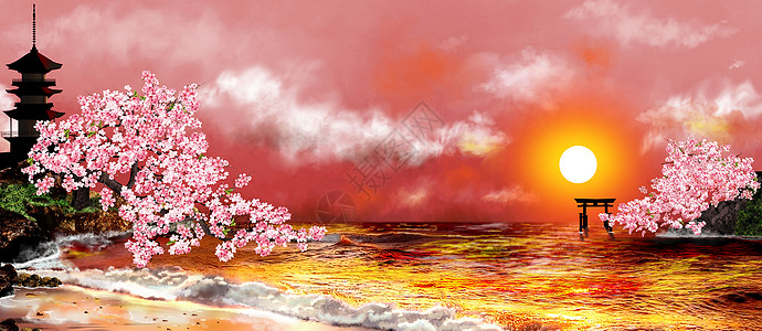 景观与盛开的樱花 日本 海 日落图片