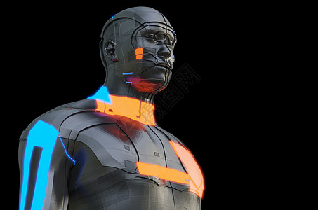 具有发光部分的深色未来派机器人成人金属辉光肌肉胸部面具艺术技术电子人智力图片