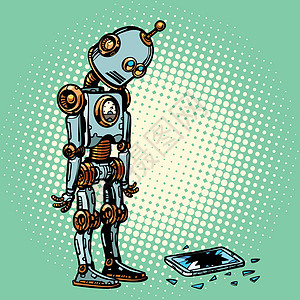 机器人和残破的电话屏幕图片