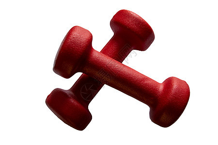 两个红色橡胶或塑料涂层的健身哑铃 在白色背景上被隔离图片