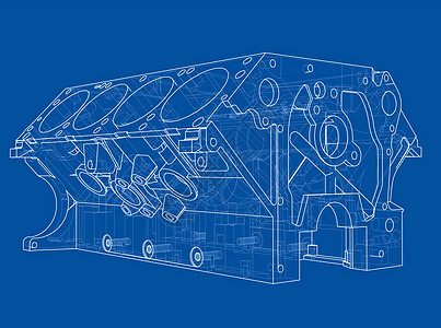 发动机缸体草图  3 的矢量渲染墨水绘画蓝图燃烧力量车辆汽车工程插图项目背景图片