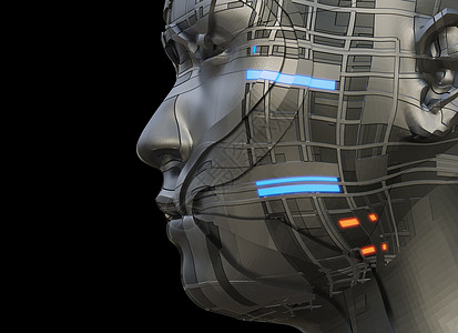 具有发光部分的深色未来派机器人脖子面具机器艺术成人肌肉反思身体金属技术图片