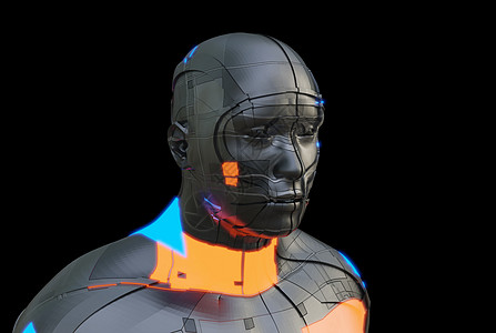 具有发光部分的深色未来派机器人脖子技术机器胸部反思肌肉金属身体面具艺术图片