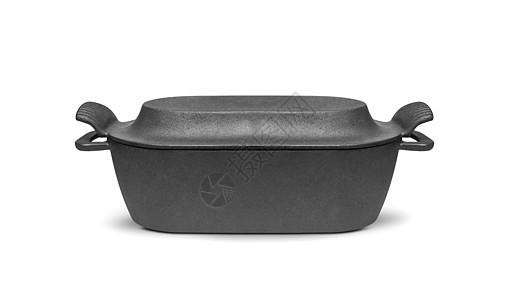 白背景隔离的盖盖子铁锅石铸铁美食家庭厨房黑色平底锅金属厨具用具炊具图片