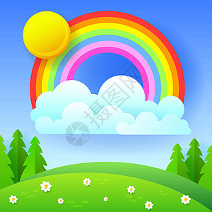 美丽的季节背景与明亮的彩虹 鲜花在草地卡通片环境场景公园天气国家天空森林土地插图图片