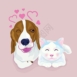 可爱的小狗拥抱一只猫 都表达了害羞的情绪白色插图猫咪粉色家庭宠物猎犬小猫卡通片友谊图片