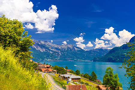 巴肯山Brienz湖 湖 因特拉肯-奥贝哈斯利岛 伯尔尼背景