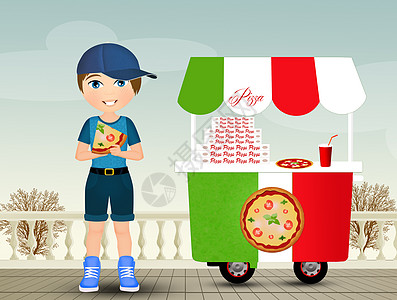意大利街头孩子吃比萨饼大车店铺插图小吃食物营养背景
