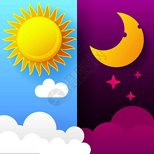 白天和黑夜的矢量图解 日夜概念Sun 和 Moo横幅阴影天气气象标识天空圆圈艺术插图射线图片