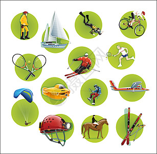 极端体育运动图标集骑术游戏滑雪头盔降落伞潜水潜艇活动运动员自行车图片