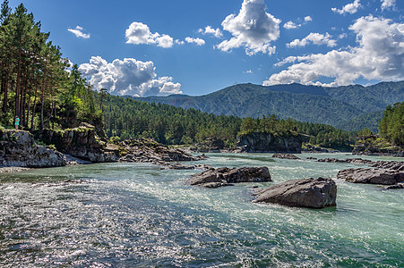 卡通河流山中河流的景象全景蓝色卡通爬坡风景天空旅行森林岩石旅游背景