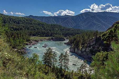 山中河流的景象蓝色卡通岩石风景树木全景爬坡顶峰旅游绿色图片