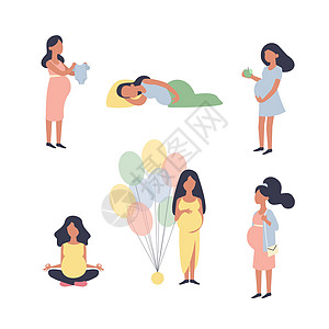怀孕的女人 怀孕矢量插图集 和其他情况 特征向量设计母亲身体生活饮食母性世界清单气球婴儿女性图片