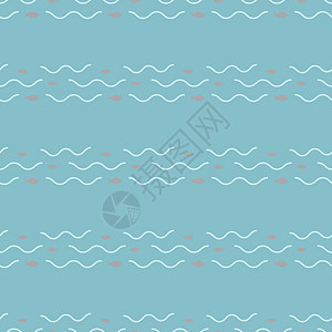 无缝的鱼和海浪模式 长纸和小鱼的轮廓图片