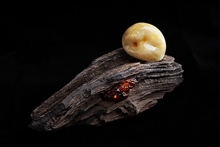 天然琥珀 黄色不透明的天然琥珀 在大片黑石头木头上珠子抛光矿物珠宝太阳石宝石分层琥珀色宏观裂缝图片