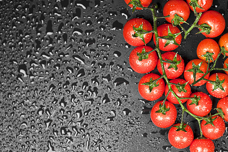 新鲜有机樱桃西红柿团紧闭黑湿的回乡黑色营养食物植物团体绿色白色红色蔬菜叶子背景图片