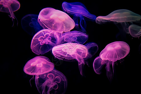 美丽的水母在流水虹灯下移动海洋异国荨麻海上生活旅行水族馆团体生物触手游泳图片