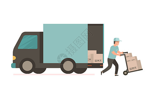 带纸箱的运货车物流市场卡车司机工人服务卡通片信使销售邮差图片