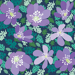 绿叶和紫色花朵无缝模式图片