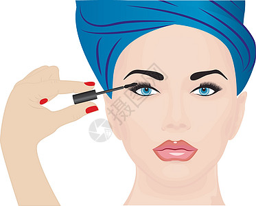 一个女孩对着她的眼睛 施抹面膏化妆品黑色白色刷子魅力墨水女性睫毛膏插图美容图片