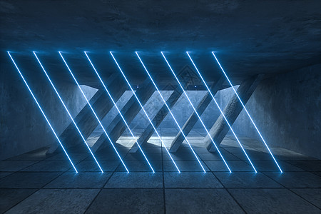 废弃房间黑暗背景中的 3d 渲染发光魔法线辉光插图线条蓝色活力监狱激光射线技术几何学图片