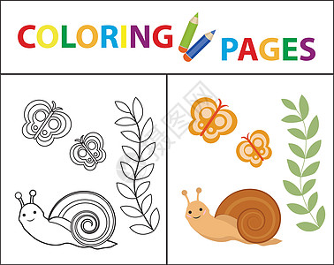 为孩子们着色的书页 蜗牛植物和蝴蝶 素描轮廓和颜色版本 子女教育 矢量图图片