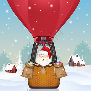 圣诞老人在热气球上展示麻袋插图礼物庆典篮子气体运输男人天空图片