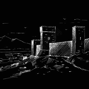 热那亚堡垒复古背景手绘图形复古素描 犯罪石头建筑废墟旅行旅游城市全景吸引力据点艺术图片
