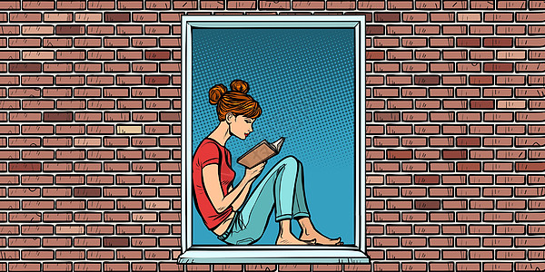 年轻女孩在看书 坐在窗户上图片