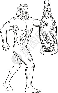大力士海格力斯 与愤怒的八章鱼一起充气 画黑白设计图片