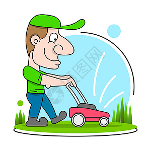 一个园丁戴着帽子和工作服与割草机割草坪从前面看孤立的插图图片