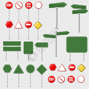 大集停车标志和交通标志收集透明背面绿色危险金属空白速度旅游路标街道运输白色图片