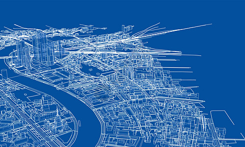 概述城市概念 线框样式街道建筑学地平线场景绘画摩天大楼墨水白色鸟瞰图房子图片