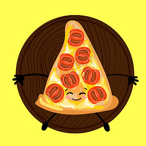 比萨是一个有脸的可爱角色 在盘子上切片披萨 黄色背景 为您的公司装饰菜单和卡片的比萨饼餐厅徽标午餐食物插图标识香肠小吃卡通片美食图片