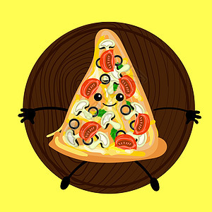 比萨是一个有脸的可爱角色 在盘子上切片披萨 黄色背景 为您的公司装饰菜单和卡片的比萨饼餐厅徽标插图漫画美食食物咖啡店标签香肠卡通图片