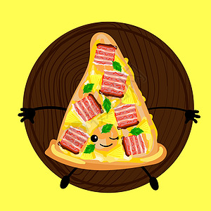 比萨是一个有脸的可爱角色 在盘子上切片披萨 黄色背景 为您的公司装饰菜单和卡片的比萨饼餐厅徽标香肠标签咖啡店午餐小吃插图卡通片食图片