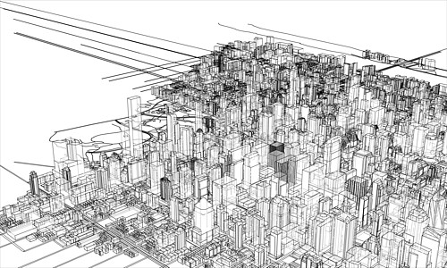 概述城市概念 线框样式城市场景摩天大楼艺术地平线草图房子街道建筑学鸟瞰图图片