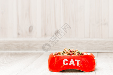 红碗给一只在房子附近地板上吃干饭的猫图片