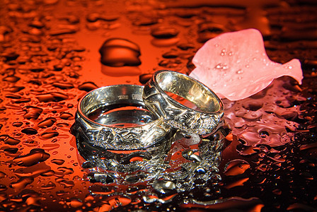 结婚戒指和玫瑰贝类钻石婚姻庆典蓝色结婚戒指珍珠圆圈幸福仪式配件图片