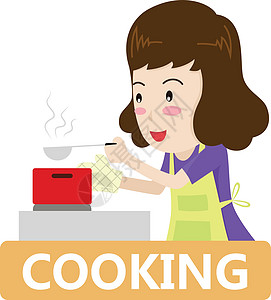 一个女人在厨房里做饭的矢量插图-烹饪概念图片